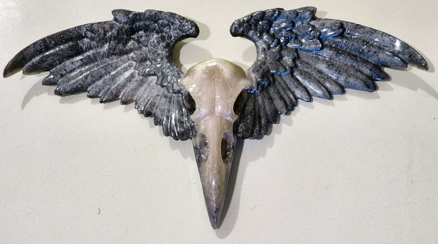 Raven Skull with Wings - Charcoal